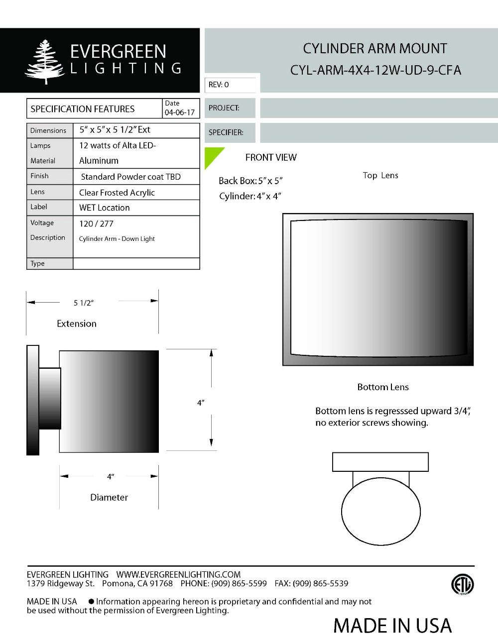 evergreen lights CYL-ARM-4X4-12W-UD Outdoor Custom Wall