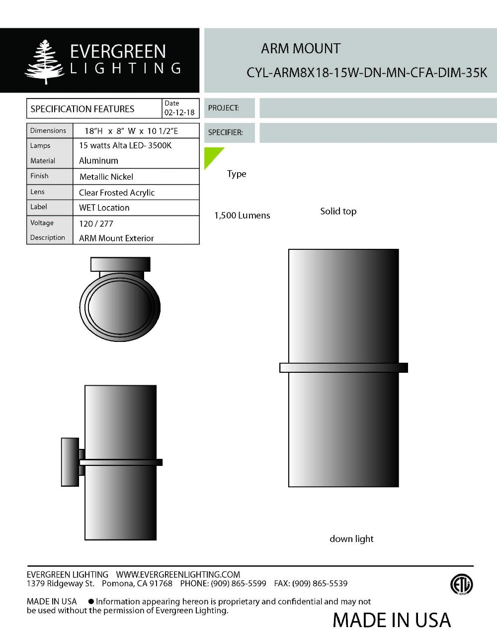 evergreen lights CYL-ARM8X18-15W-DN Outdoor Custom Wall