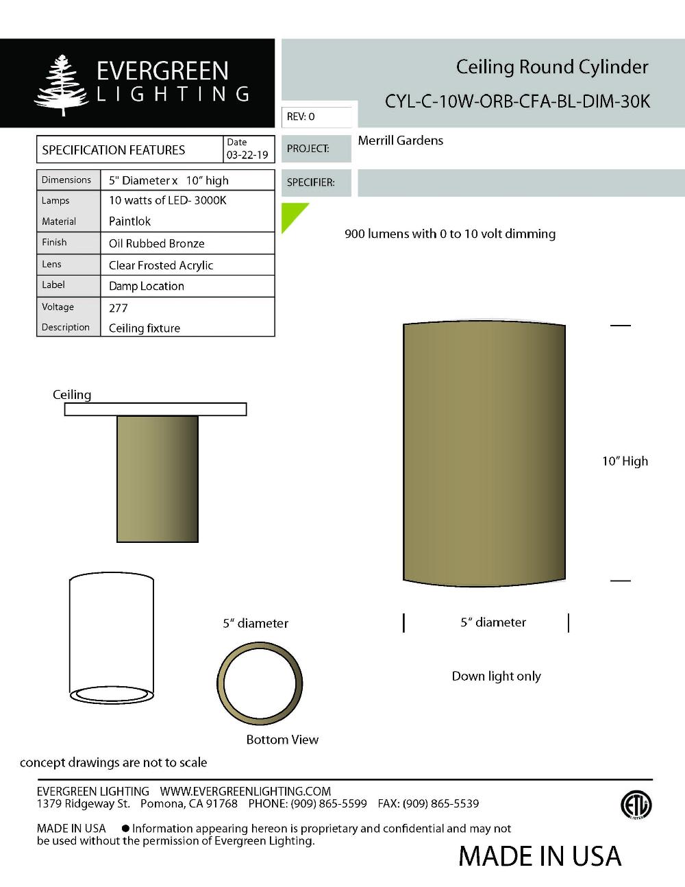 evergreen lights CYL-C-10W-ORB-CFA-BL Indoor Indoor Custom Ceiling