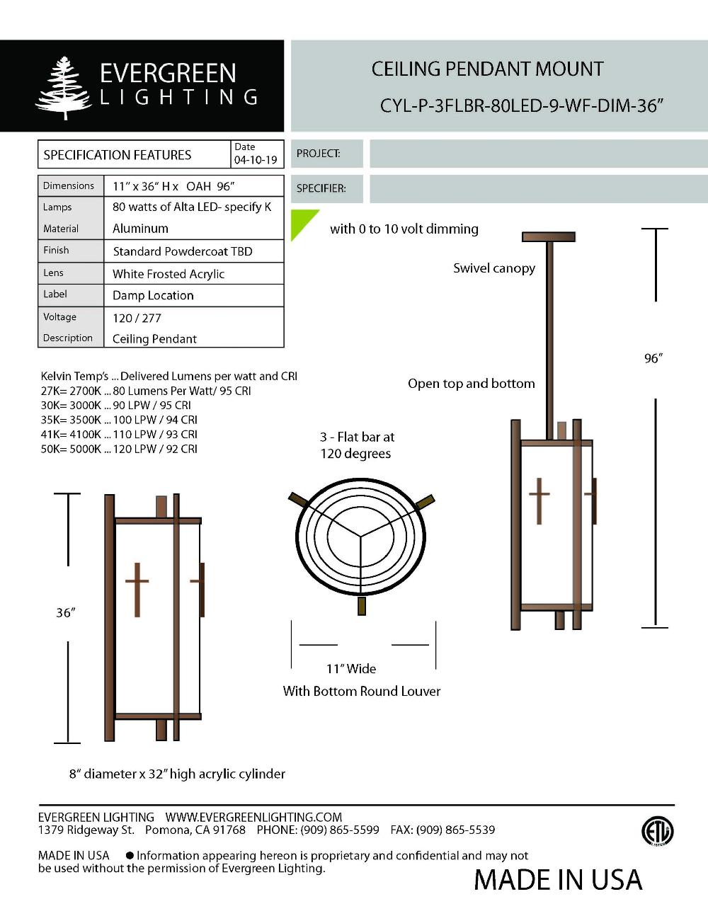 evergreen lights CYL-P-3FLBR-80LED-9-36-60BRZ Indoor Indoor Custom Ceiling
