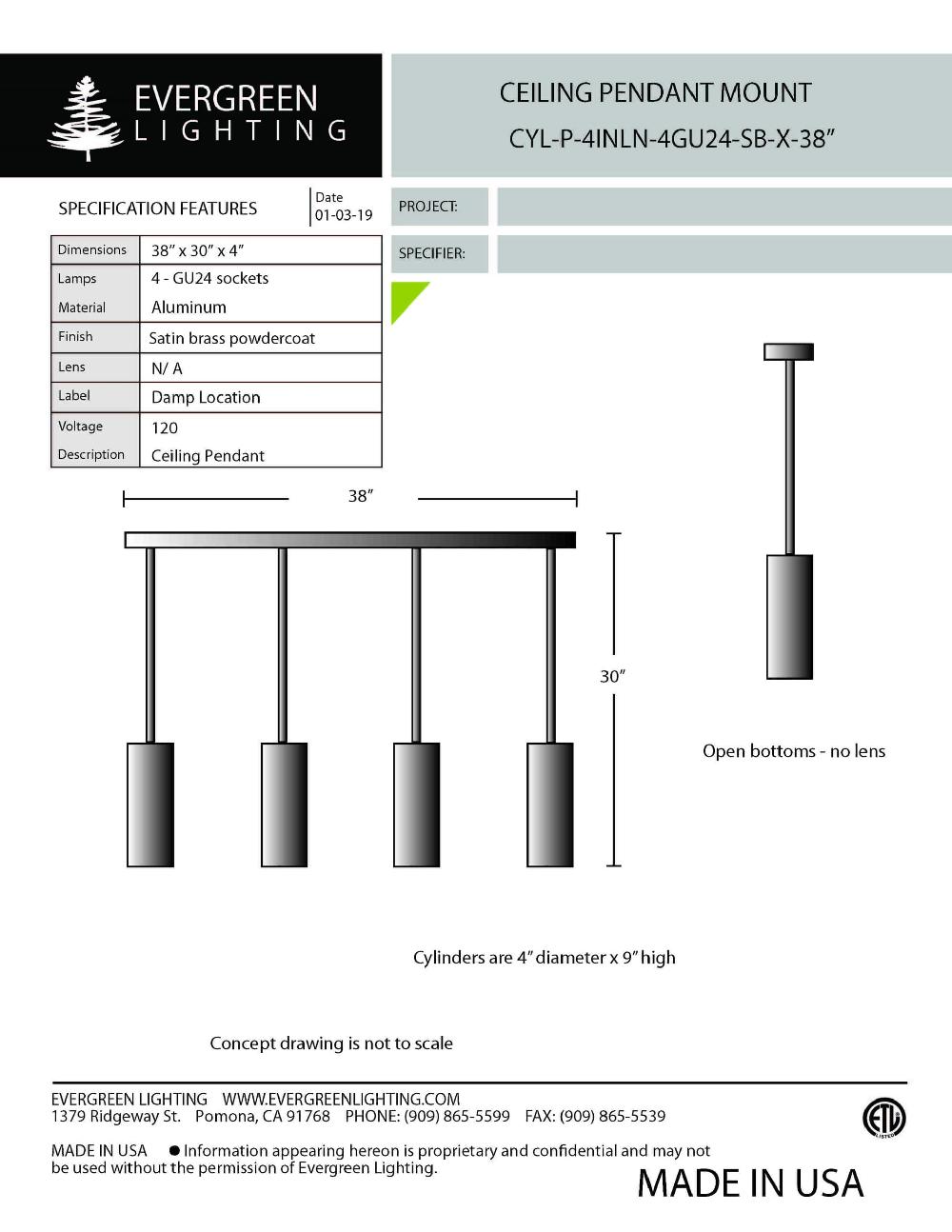 evergreen lights CYL-P-4INLN-4GU24 Indoor Indoor Custom Ceiling