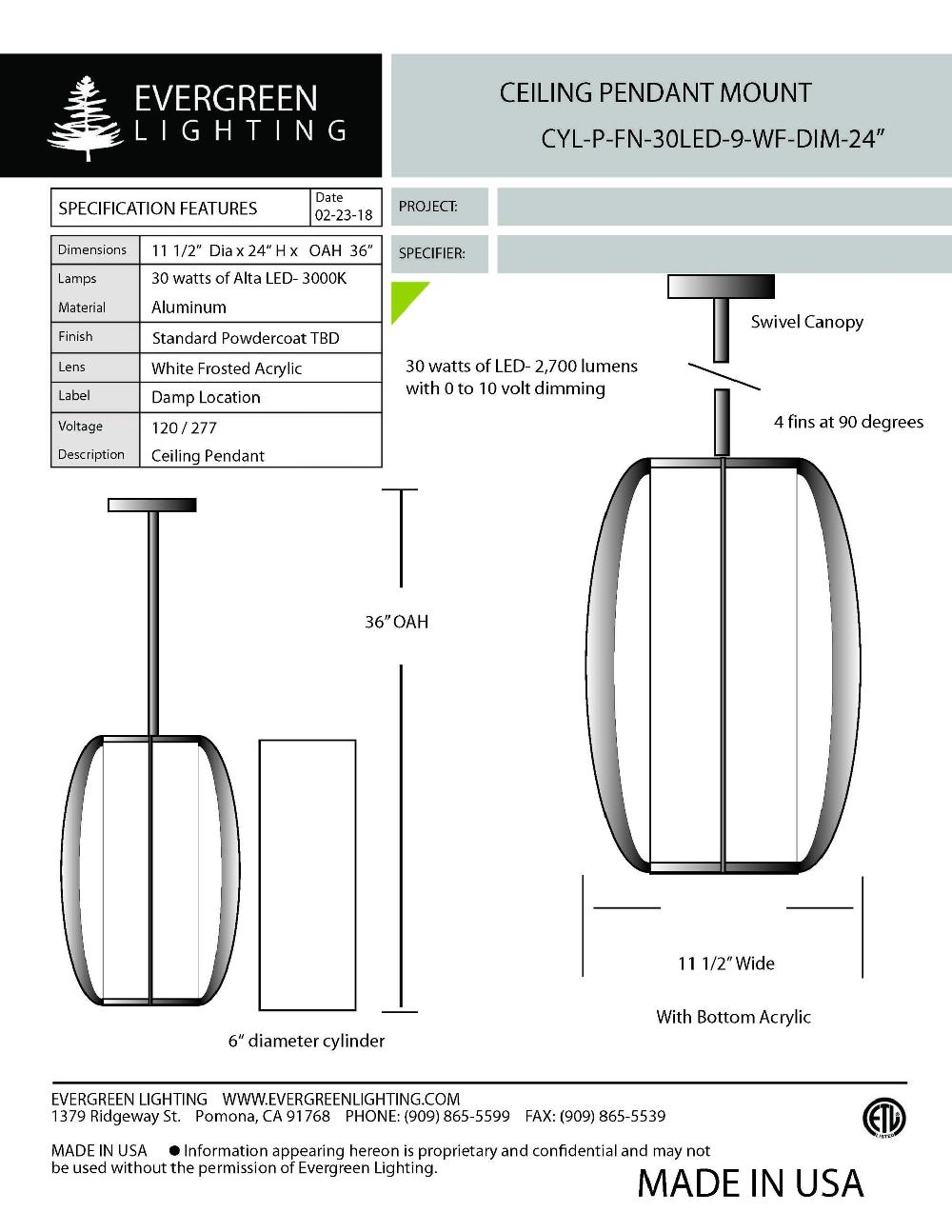evergreen lights CYL-P-FN-30LED-9-WF-DIM-24 Indoor Indoor Custom Ceiling