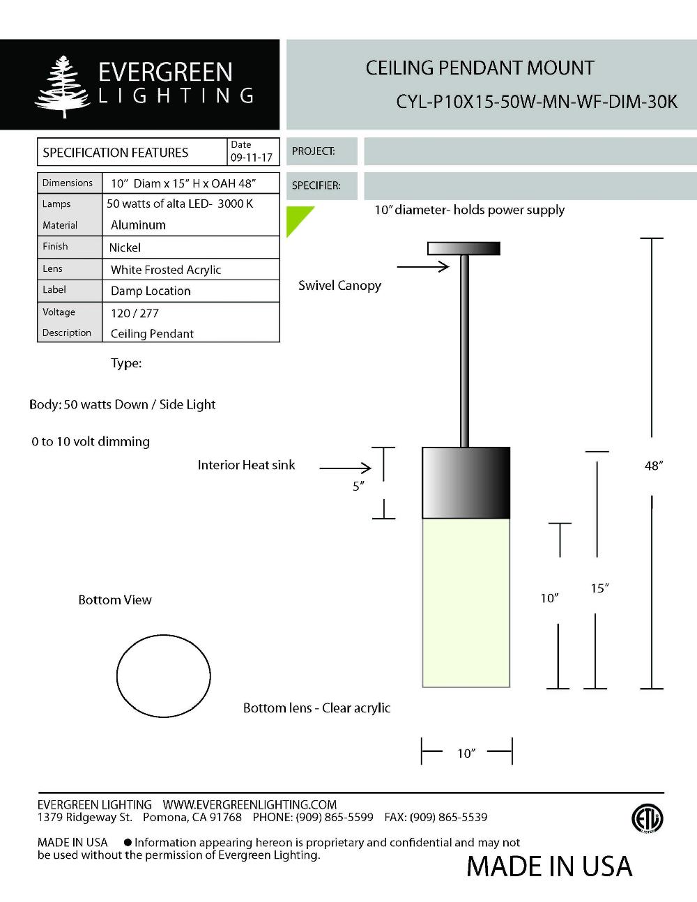 evergreen lights CYL-P10X15-50W-9-WF-DIM Indoor Indoor Custom Ceiling