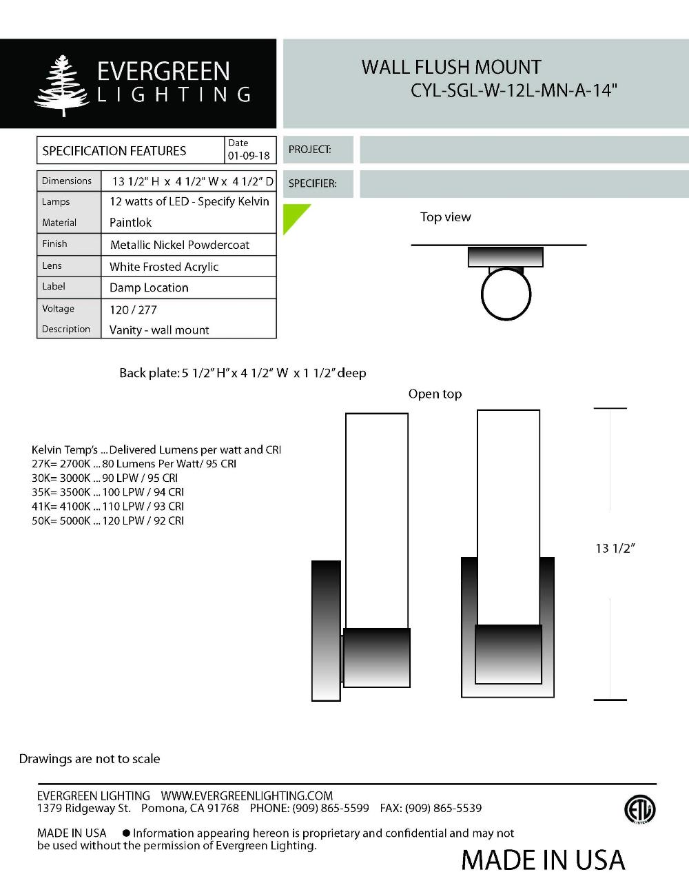 evergreen lights CYL-SGL-W-12L-MN-WF-14 Outdoor Custom Wall