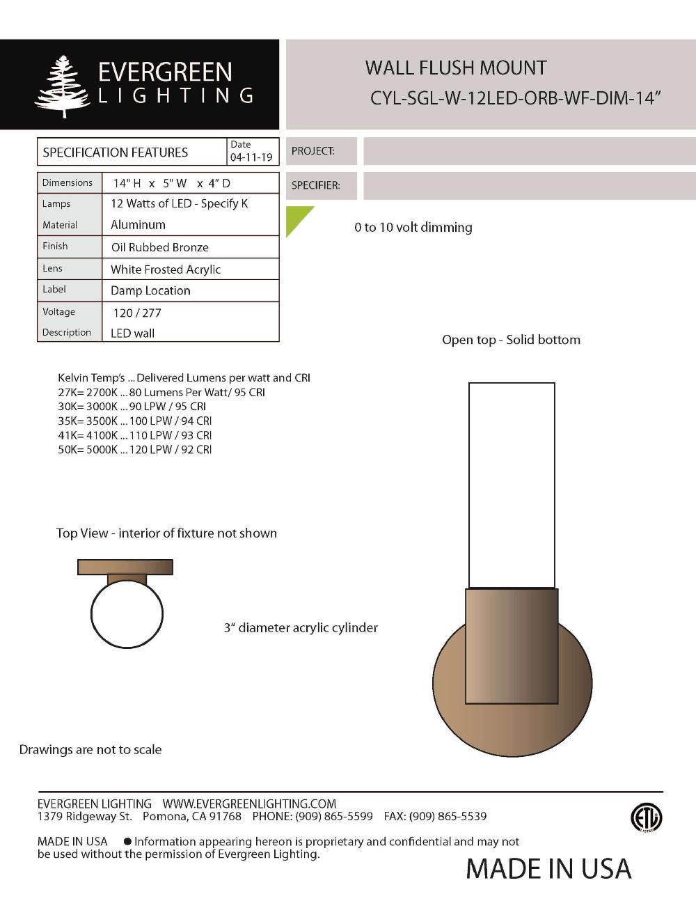evergreen lights CYL-SGL-W-12LED-60BRZ Indoor Indoor Custom Wall