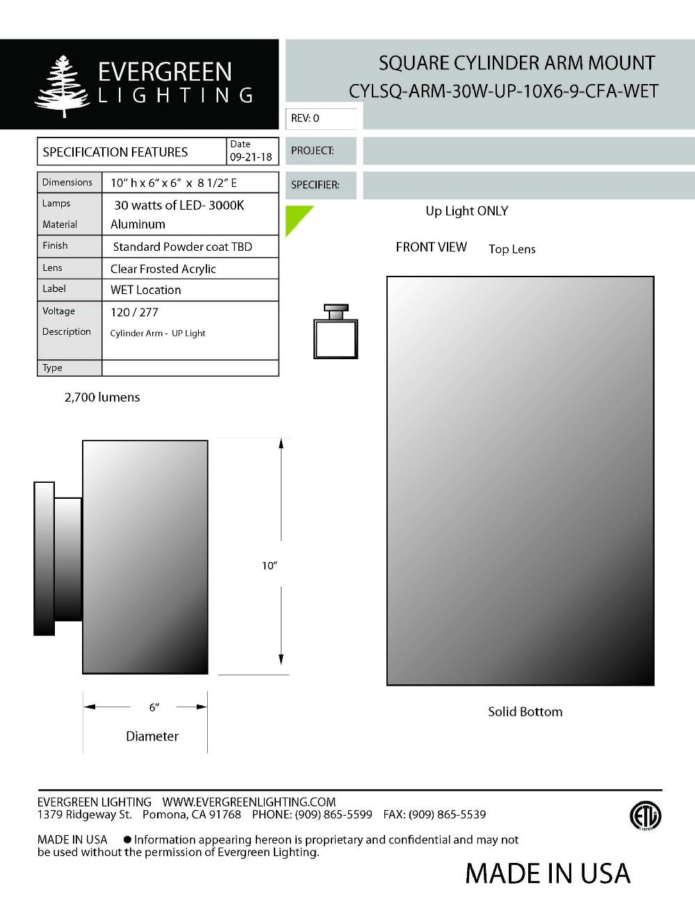 evergreen lights CYLSQ-ARM-30W-UP-10X6 Outdoor Custom Wall