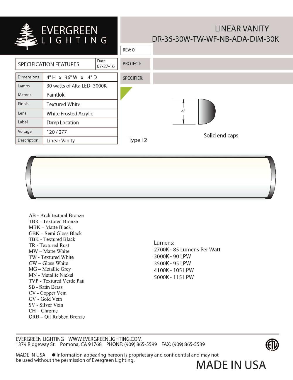 evergreen lights DR-W-36-30W-NB Indoor Indoor Custom Wall