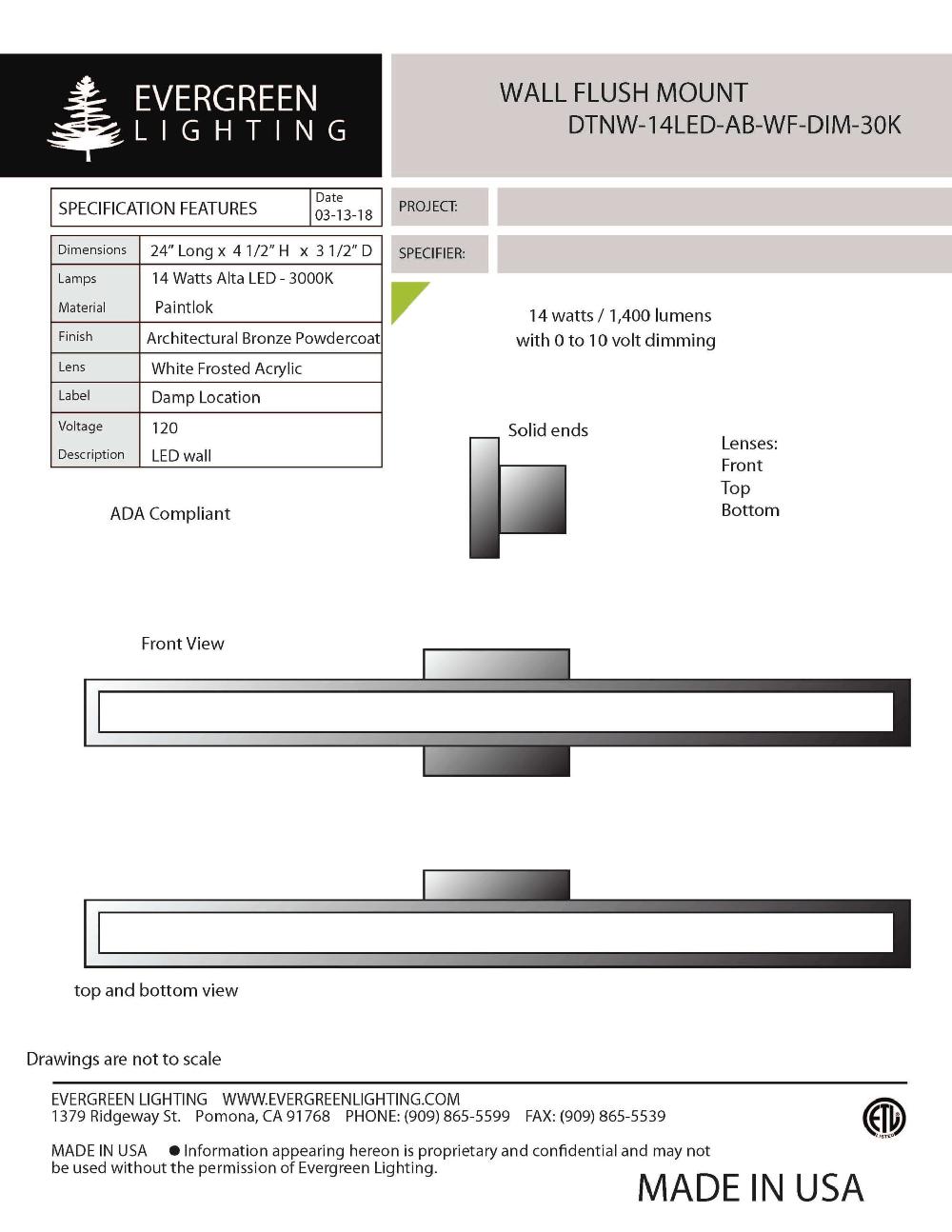 evergreen lights DTNW-14LED-AB-WF-DIM-30K Indoor Indoor Custom Wall