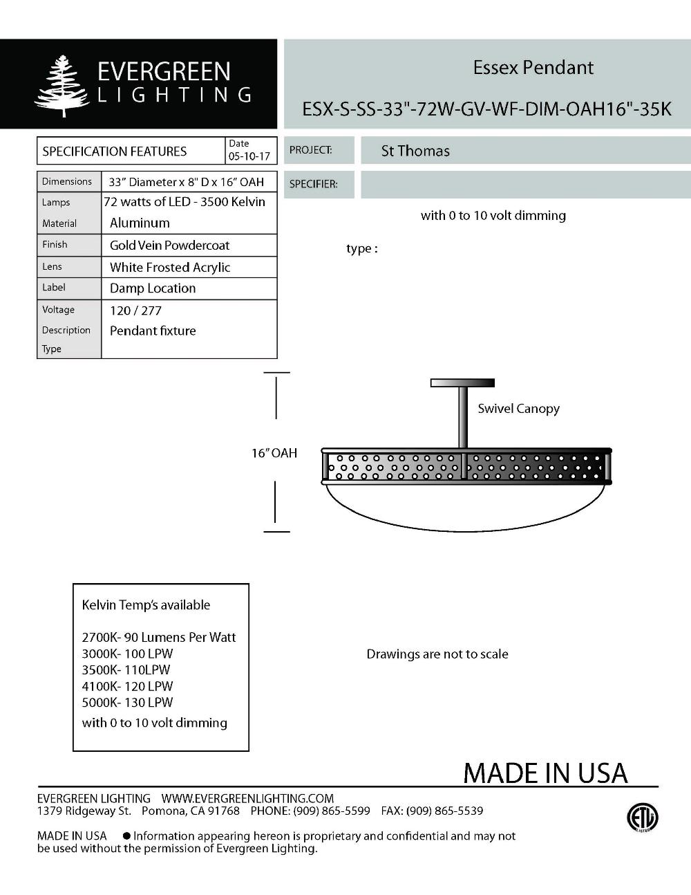 evergreen lights ESX-S-SS-33-72W-GV-WF-DIM-OAH16 Indoor Indoor Custom Ceiling