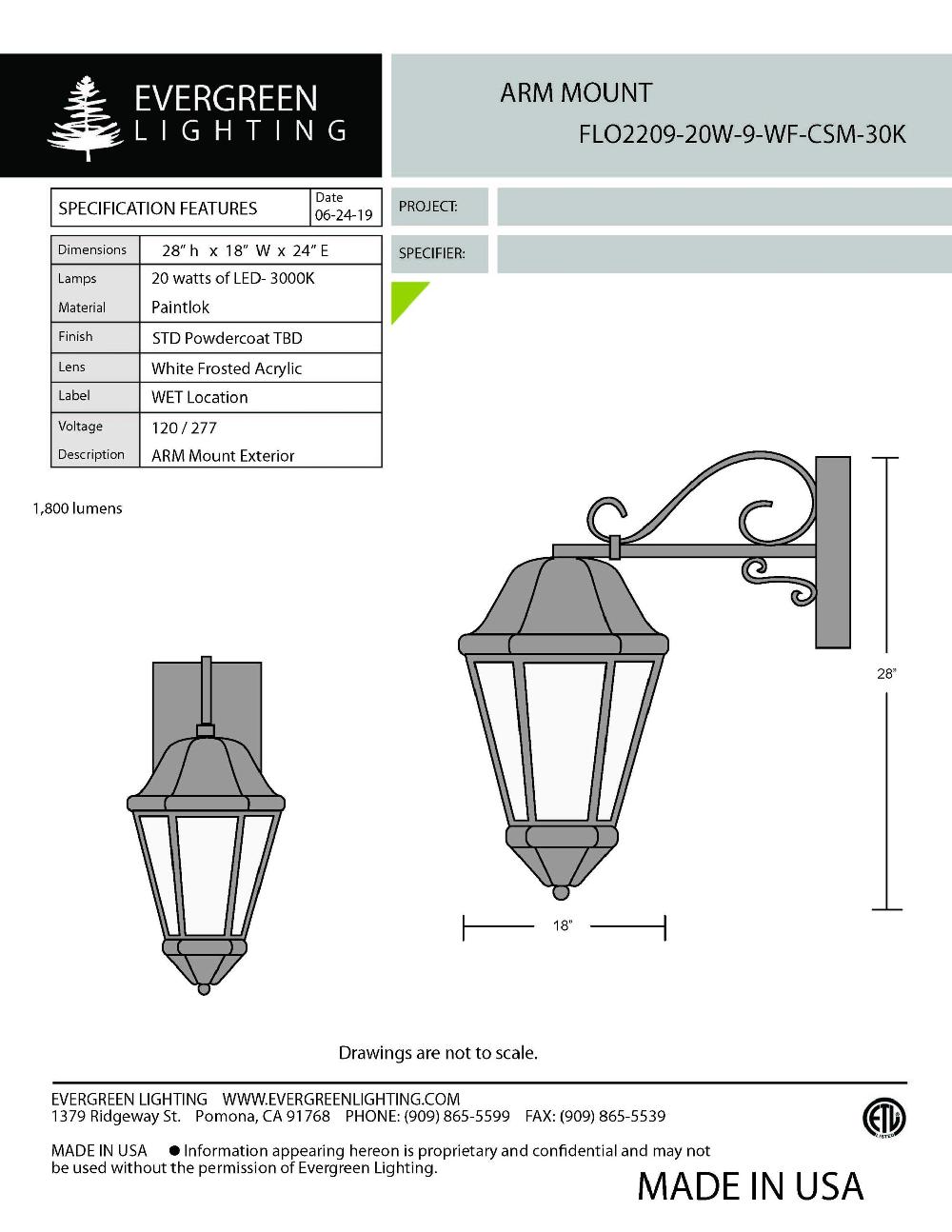 evergreen lights FLO2209-20W-9-WF-CSM Outdoor Custom Wall