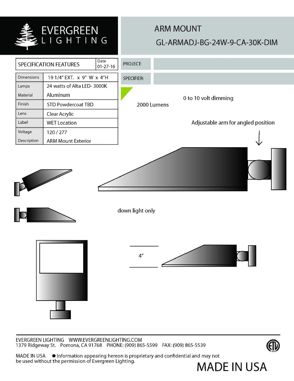 evergreen lights GL-ARMADJ-BG-24W Outdoor Custom Wall