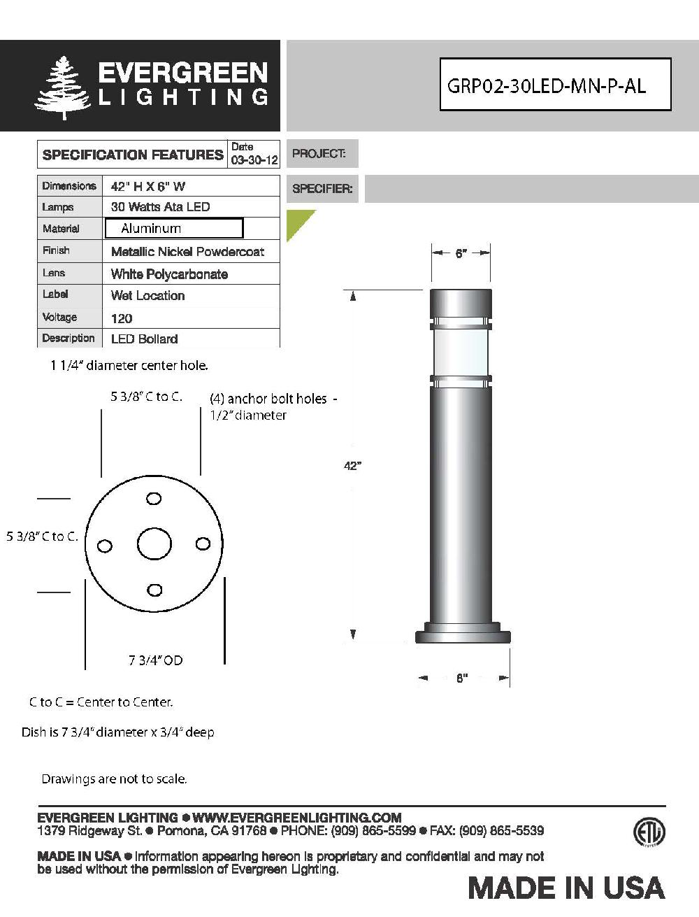 evergreen lights GRP02-30LED-MN-P-AL Outdoor Custom Outdoor Custom Bollard