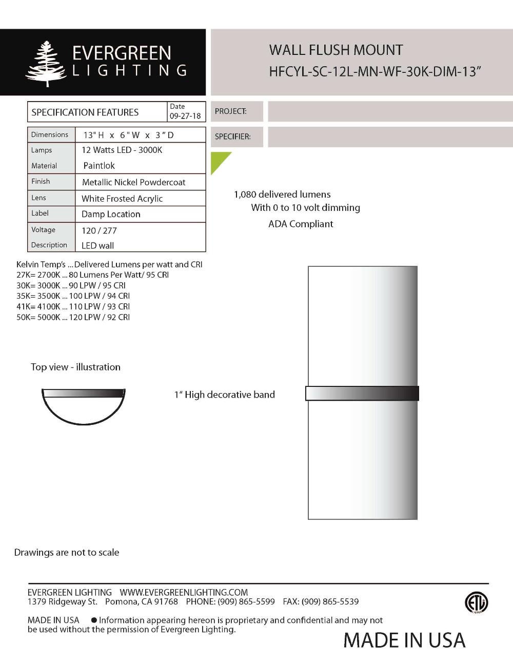 evergreen lights HFCYL-SC-12L-MN-WF-30K-DIM-13 Indoor Indoor Custom Wall