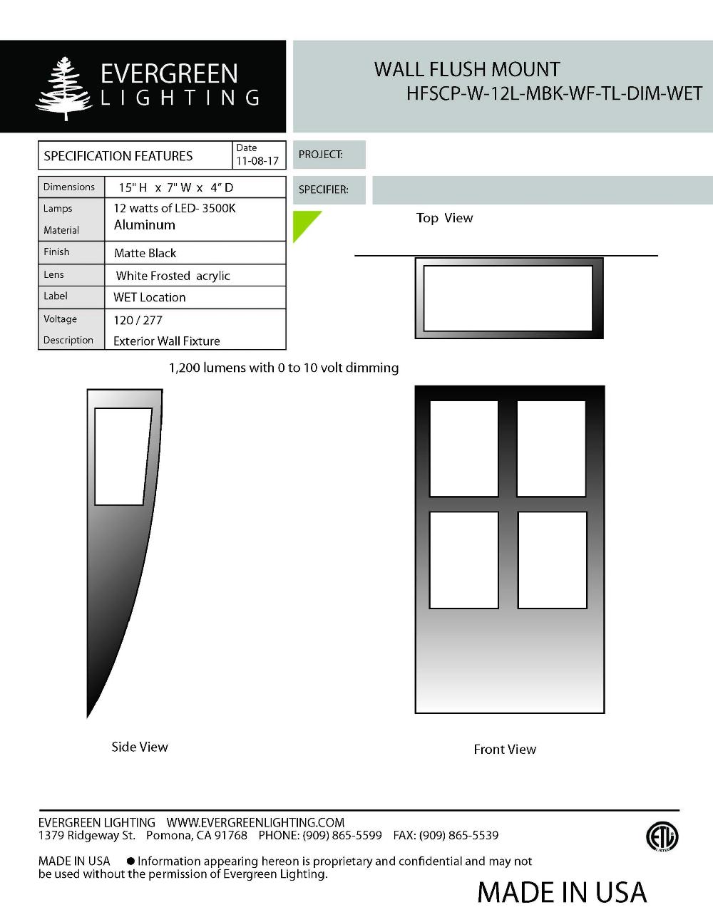 evergreen lights HFSCP-W-12L-MBK-WF-TL-WET Outdoor Custom Wall