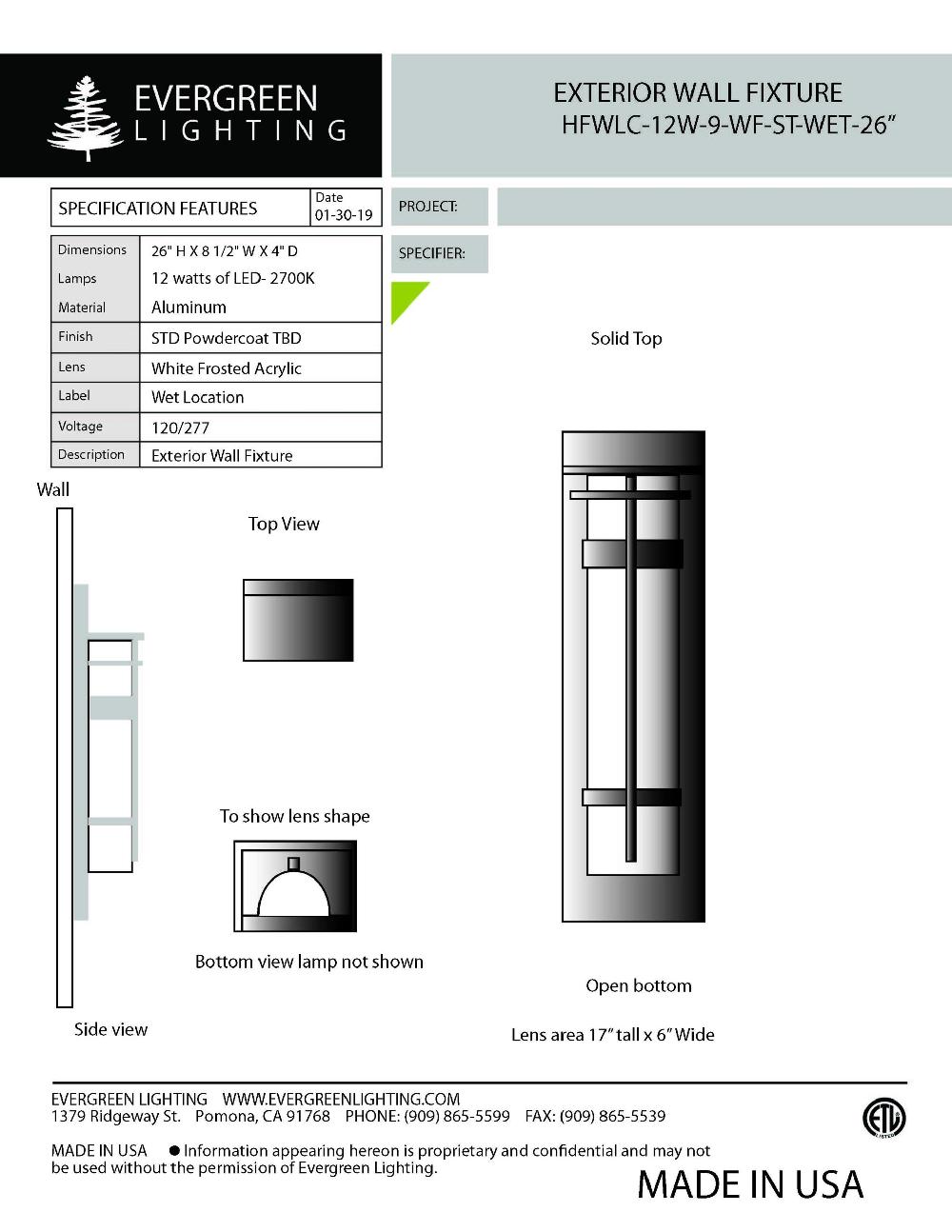 evergreen lights HFWLC-12W-9-WF-ST Outdoor Custom Wall