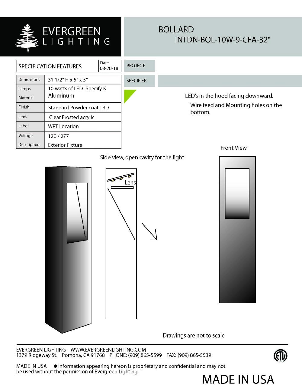 evergreen lights INTDN-BOL-10W Outdoor Custom Outdoor Custom Bollard