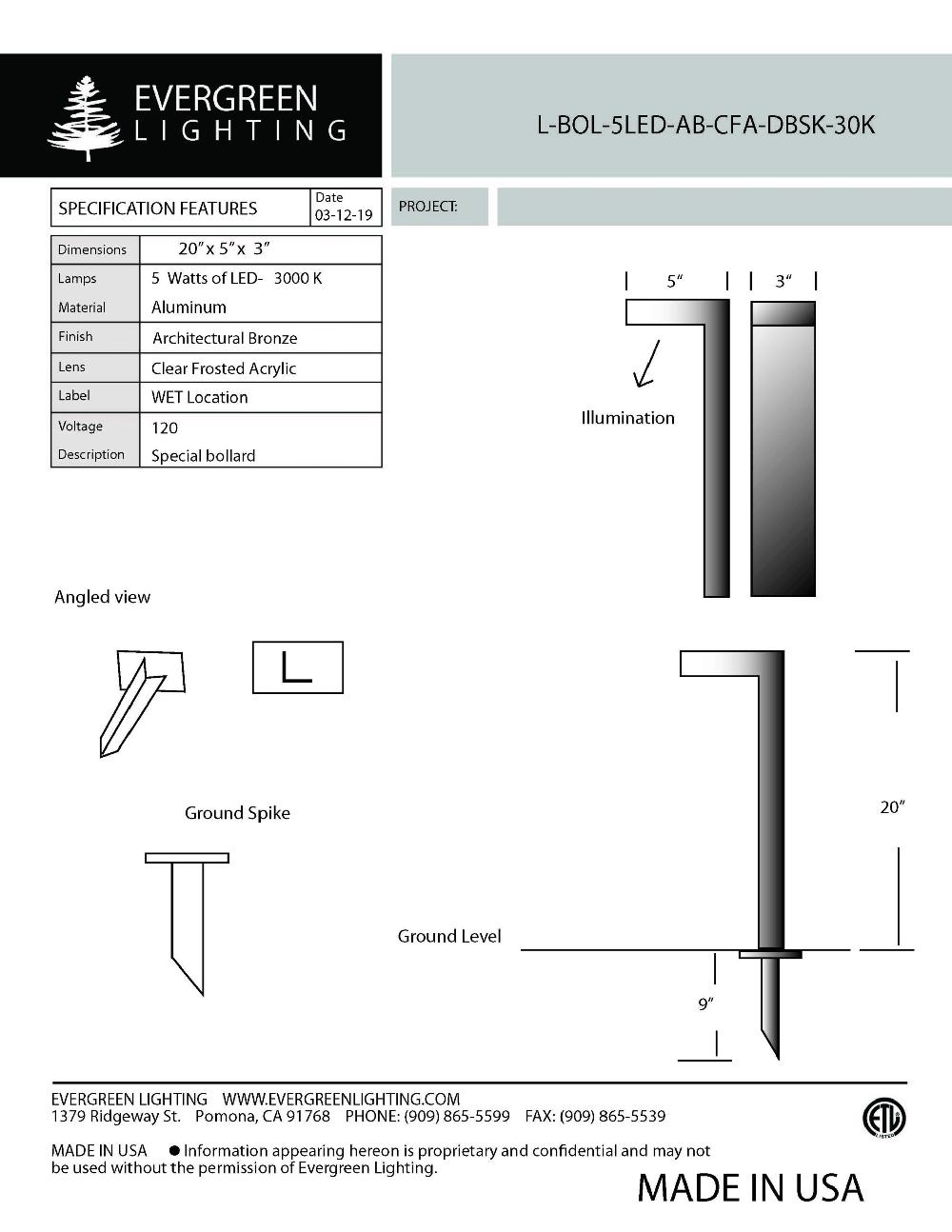 evergreen lights L-BOL-5LED Outdoor Custom Outdoor Custom Bollard