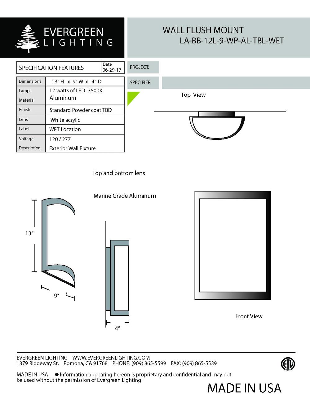 evergreen lights LA-BB-12L-9-WP-AL-TBL-WET Outdoor Custom Wall