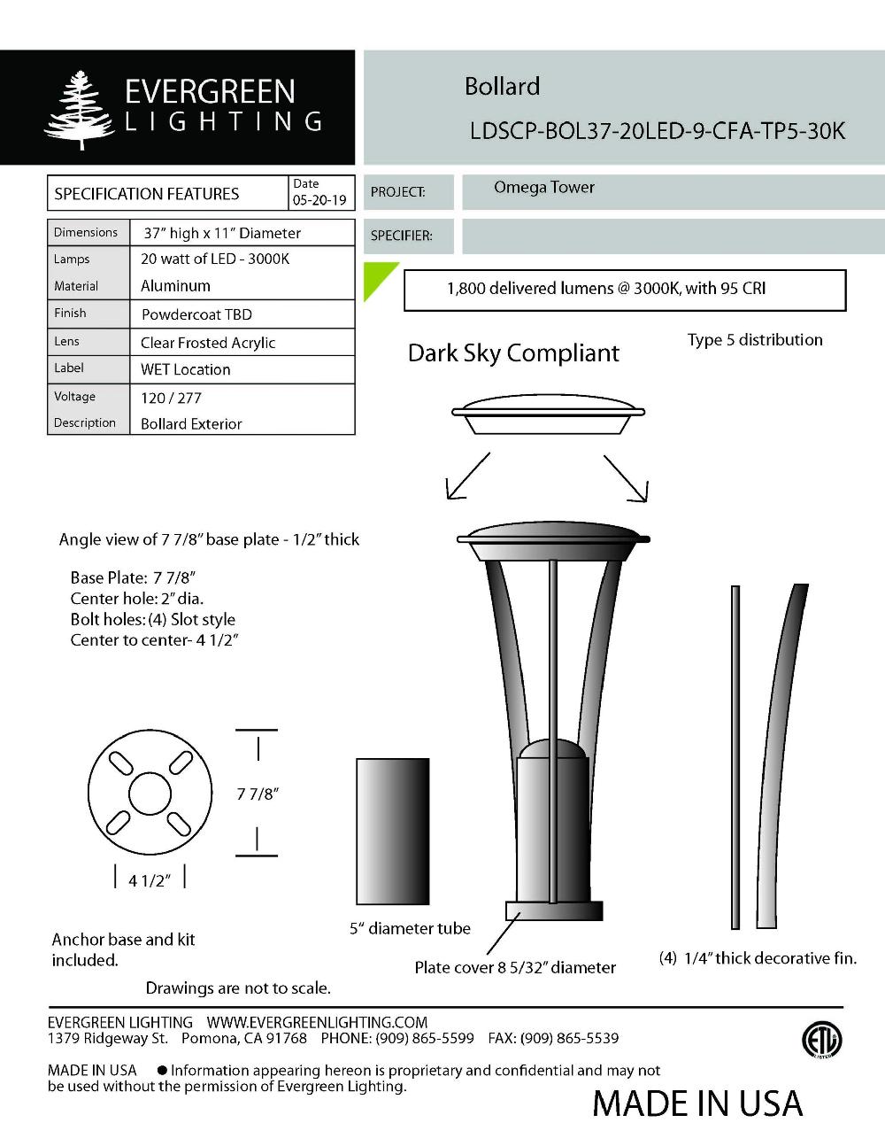 evergreen lights LDSCP-BOL37-20LED-9-CFA-TP5 Outdoor Custom Outdoor Custom Bollard