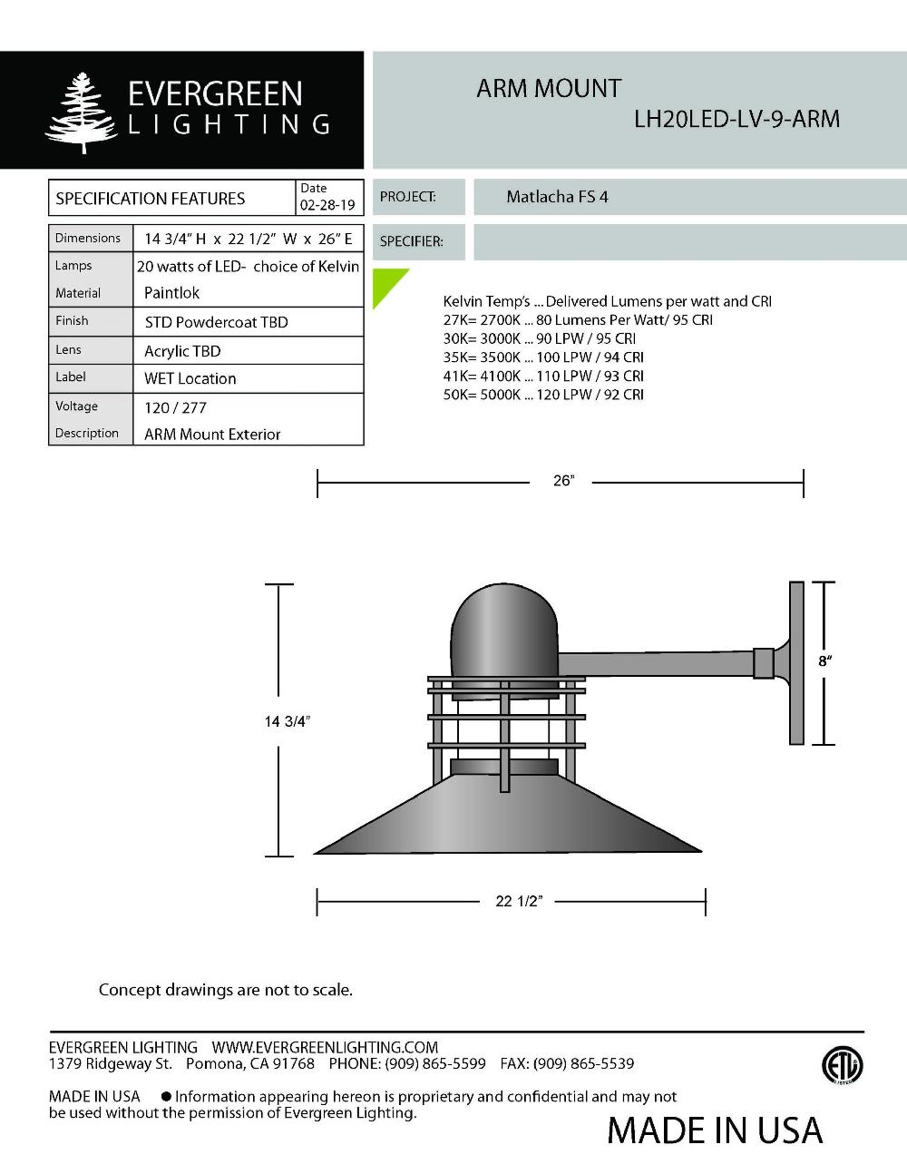 evergreen lights LH20LED-LV-9-ARM Outdoor Custom Wall