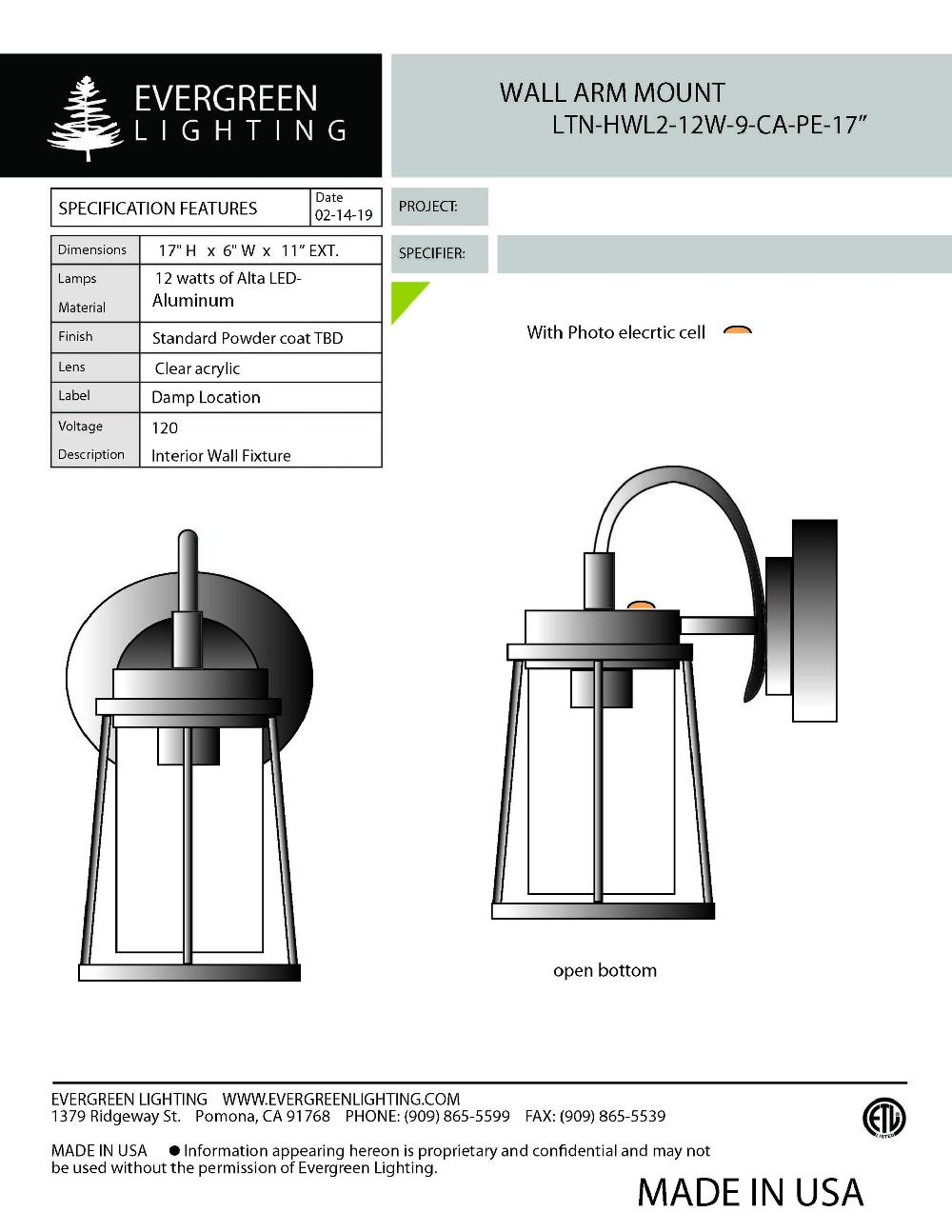 evergreen lights LTN-HWL2-1MED CA PE 17 Outdoor Custom Wall