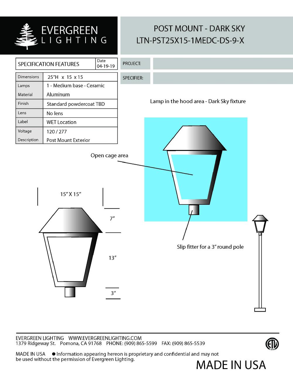 evergreen lights LTN-PST25X25-1MEDC Outdoor Custom Post Top