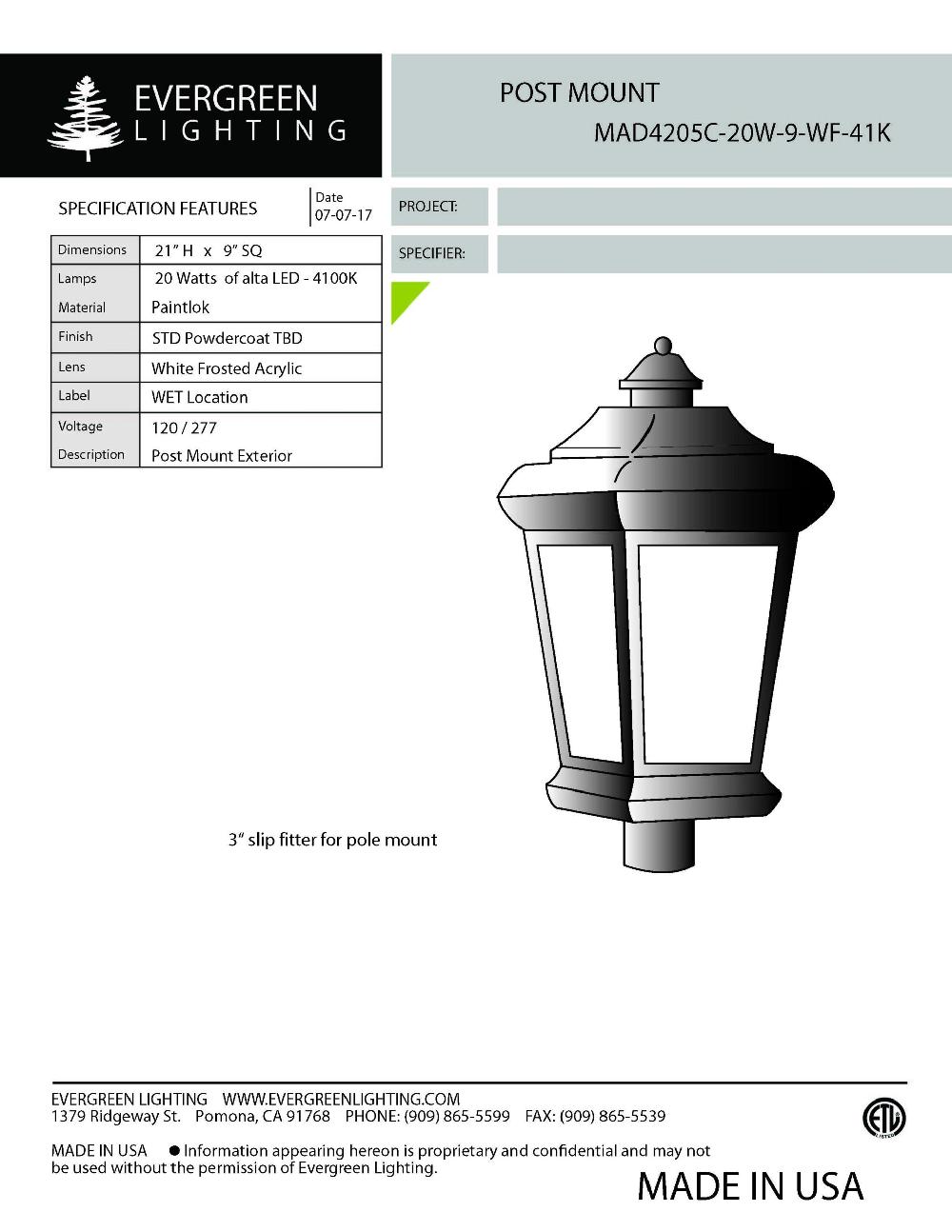 evergreen lights MAD4205C-20W-9WF-41K Outdoor Custom Post Top