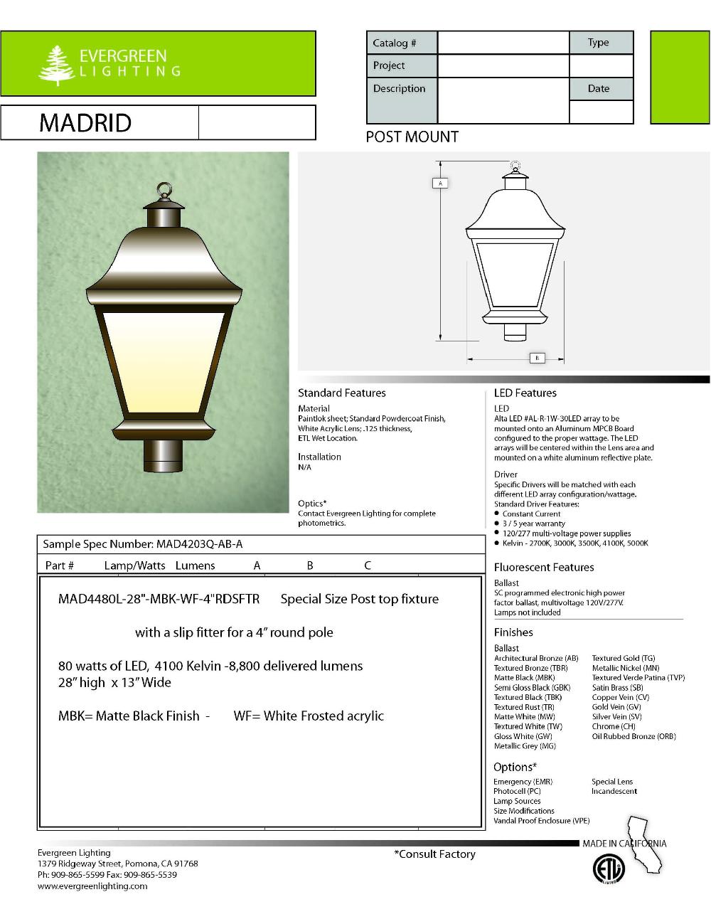 evergreen lights MAD4480L-MBK-WF-4RDSFTR Outdoor Custom Post Top