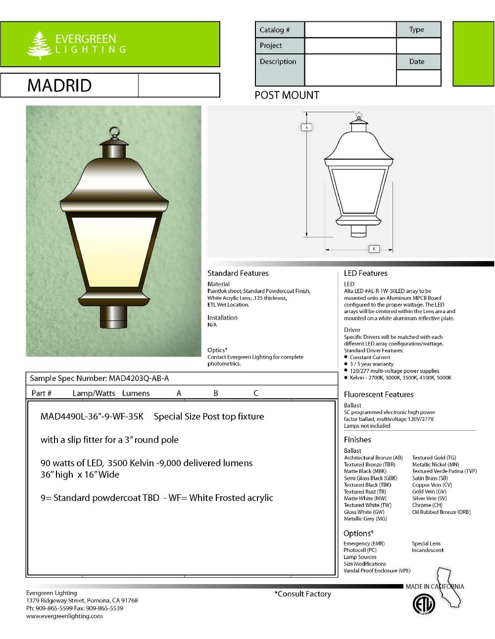 evergreen lights MAD4490L-36-9-WF-35K Outdoor Custom Post Top