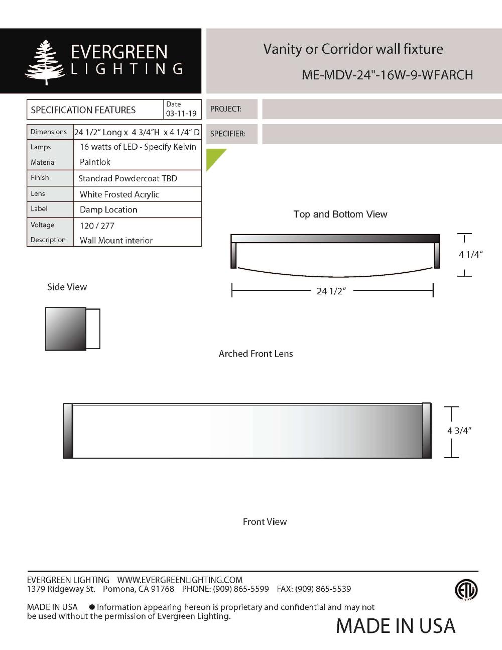 evergreen lights ME-MDV-24-16W-9-WFARCH Indoor Indoor Custom Wall