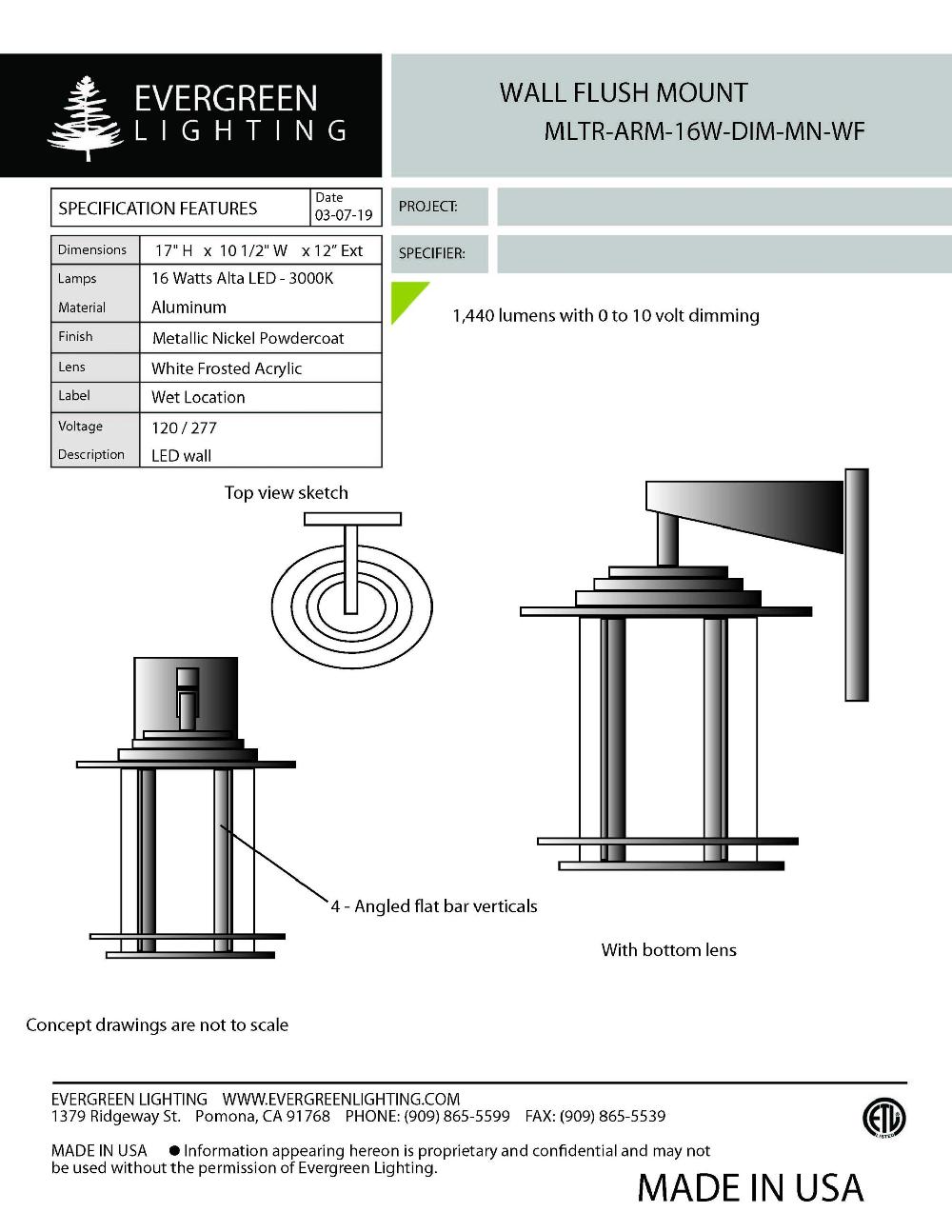 evergreen lights MLTR-ARM-16W-DIM-MN-WF Outdoor Custom Wall