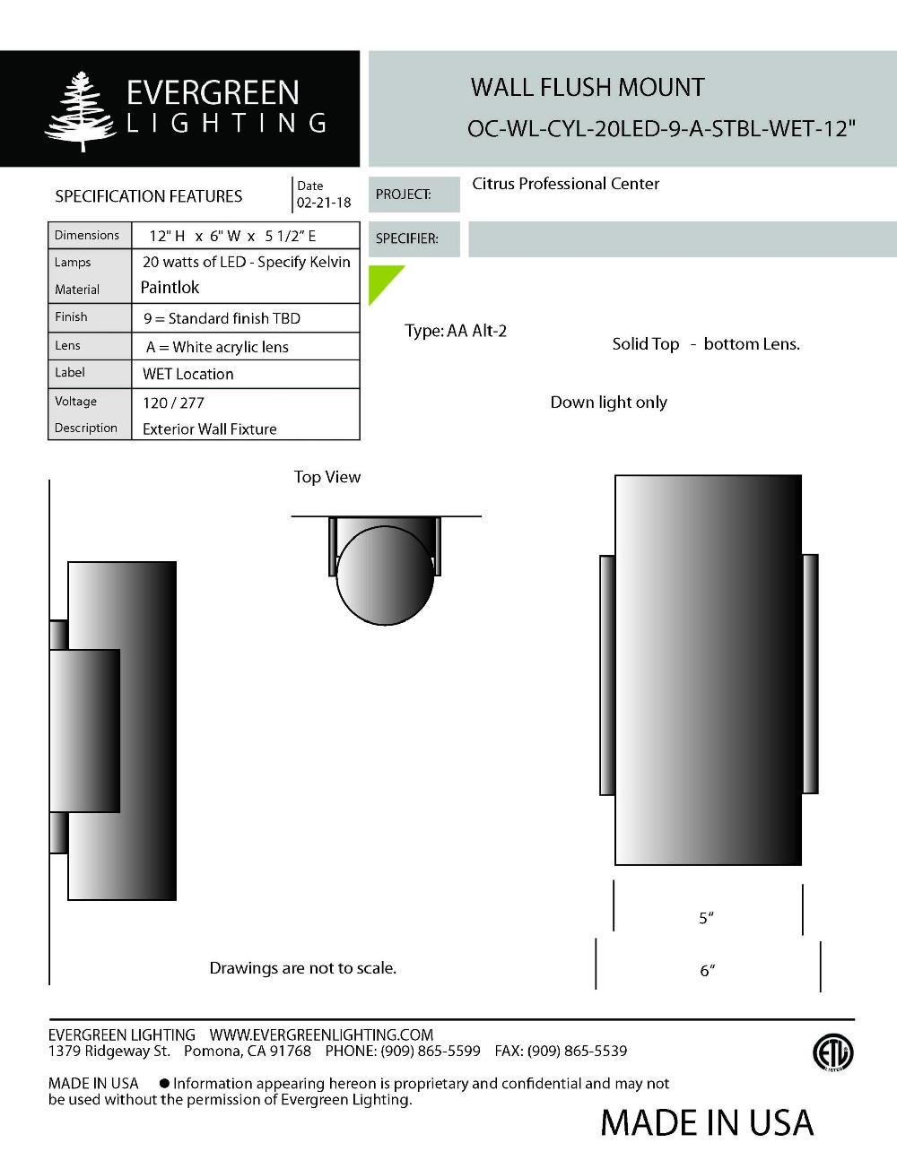 evergreen lights OC-WL-CYL-20LED Wet Outdoor Custom Wall