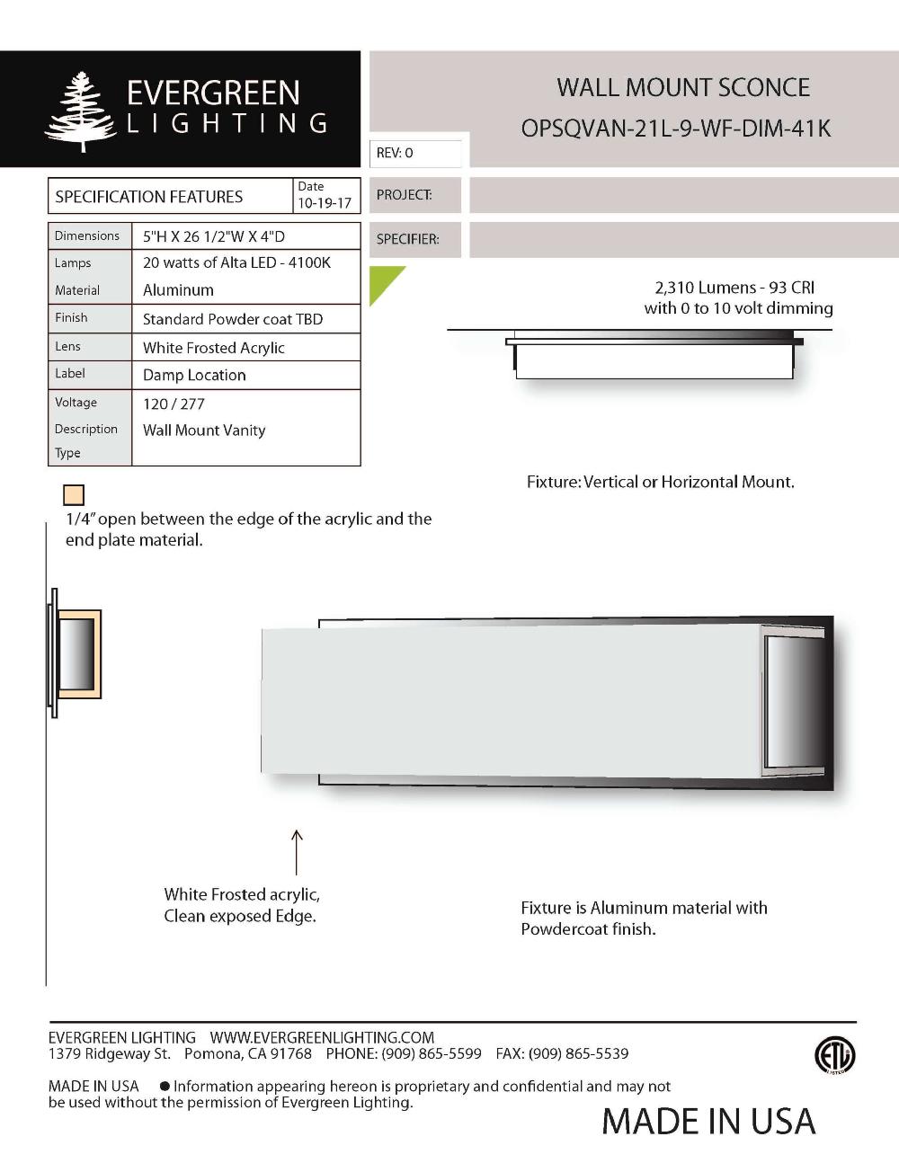evergreen lights OPSQVAN-20L-9-WF DIM Indoor Indoor Custom Wall