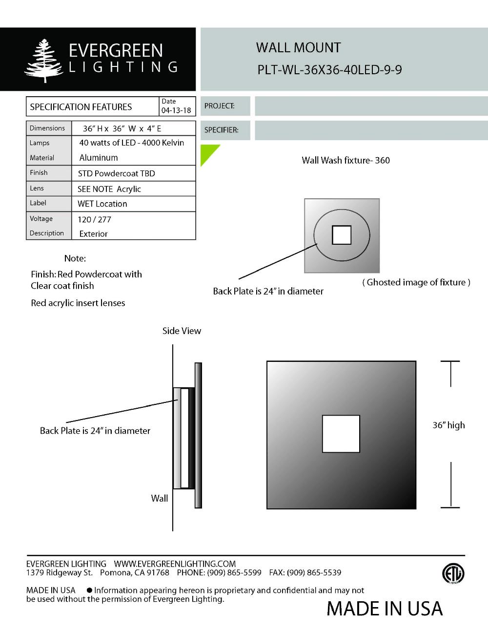 evergreen lights PLT-WL-36X36-40LED Outdoor Custom Wall