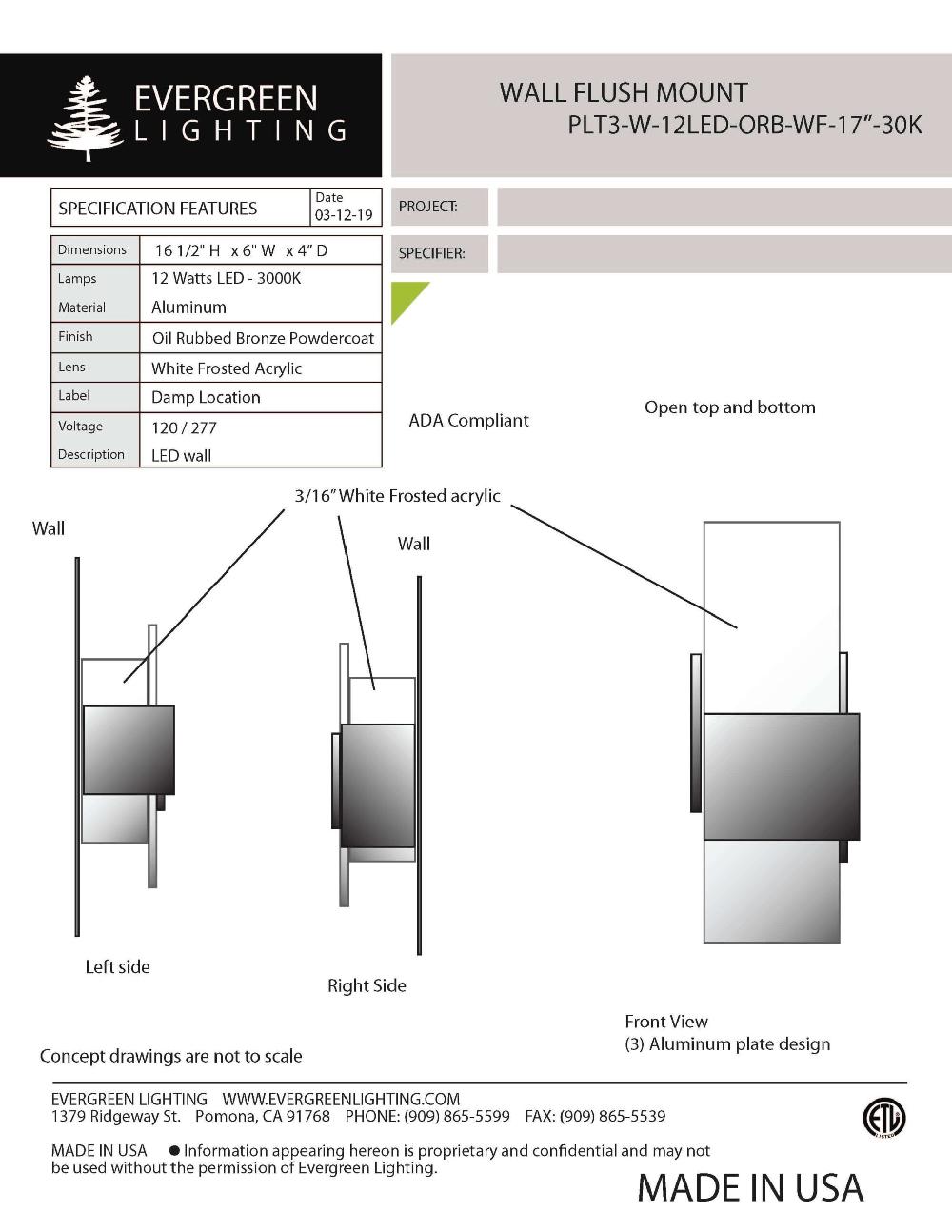 evergreen lights PLT3-W-12LED-ORB-WF-17 Indoor Indoor Custom Wall