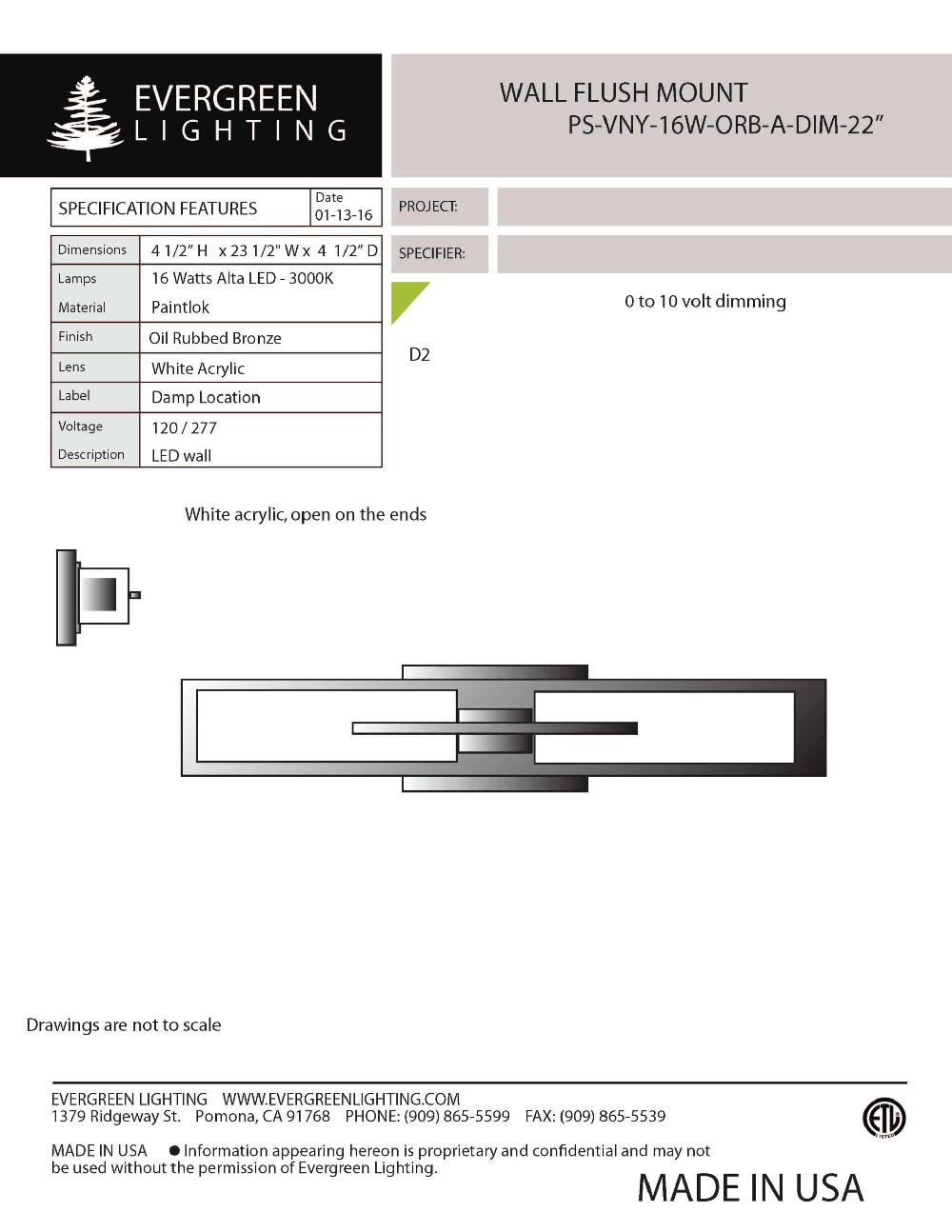 evergreen lights PS-VNY-16W-ORB-DIM Indoor Indoor Custom Wall