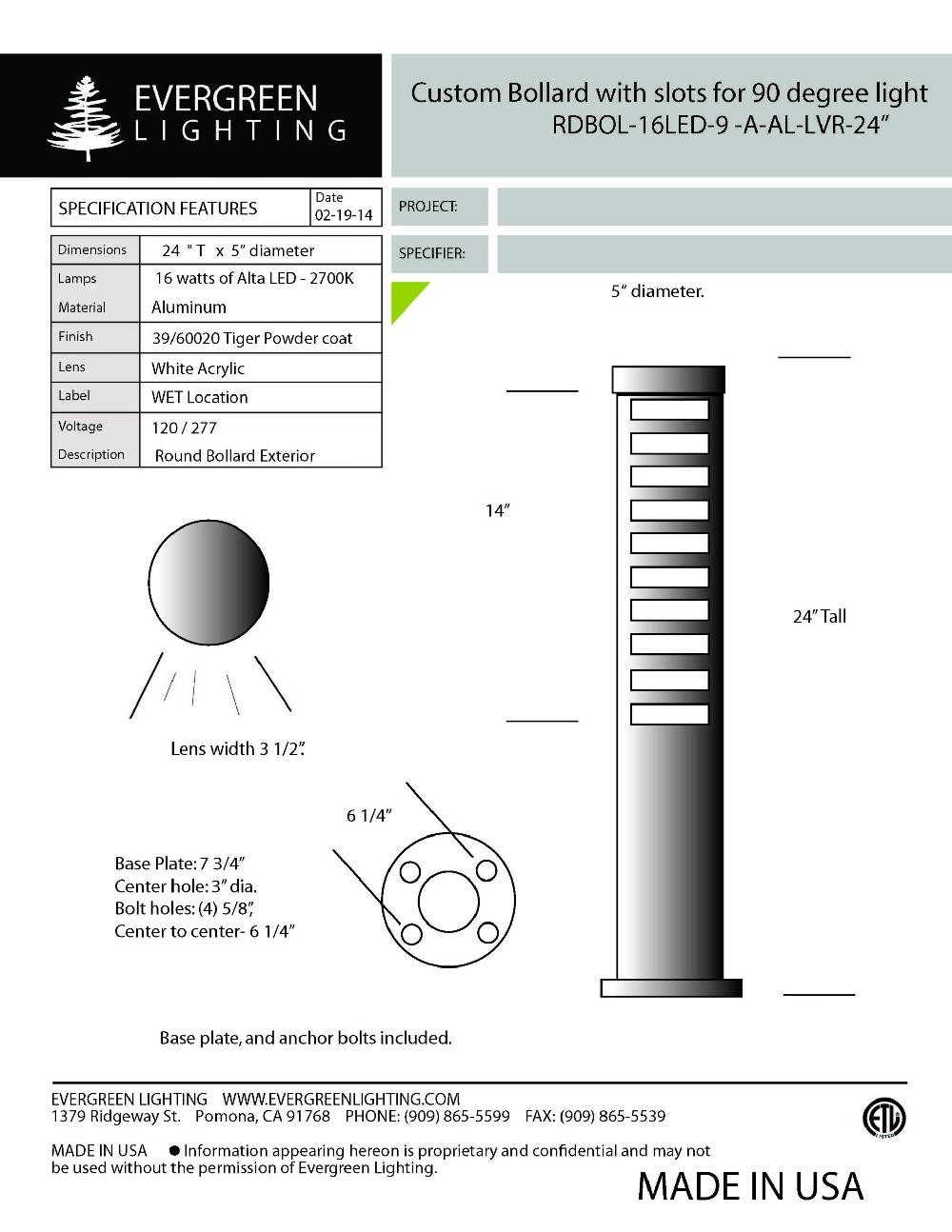 evergreen lights RDBOL-16LED-LDA Outdoor Custom Outdoor Custom Bollard