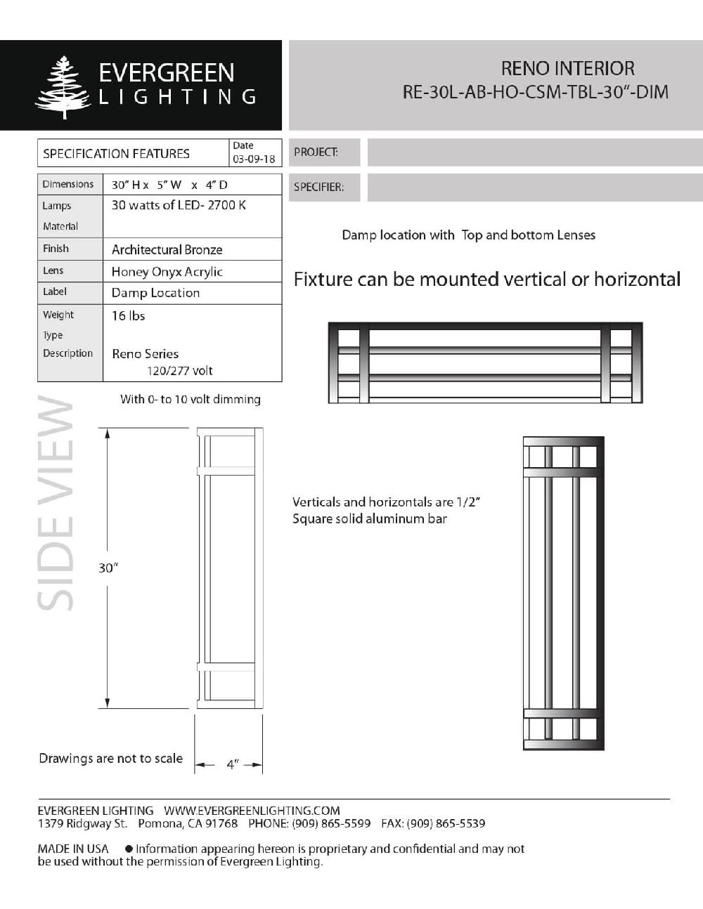 evergreen lights RE-30L-AB-HO-CSM-TBL-30-DIM Indoor Indoor Custom Wall