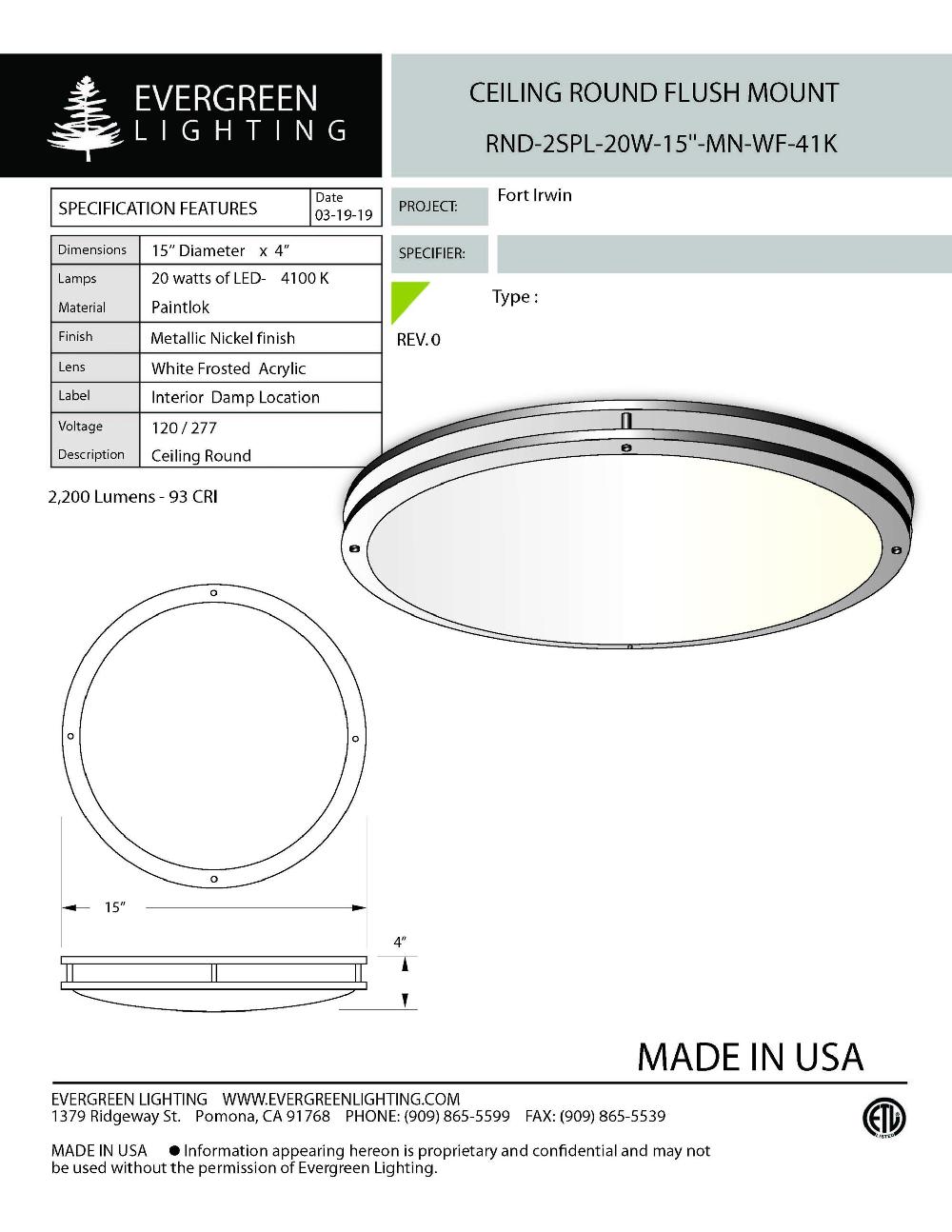 evergreen lights RND-2SPL-20W-15-MN-WF Indoor Indoor Custom Ceiling