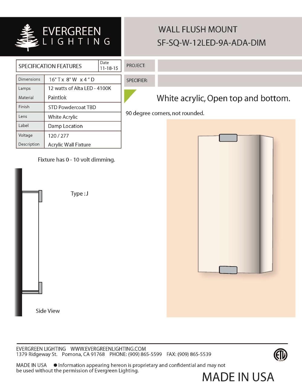 evergreen lights SF-SQ-12LED-DIM Indoor Indoor Custom Wall