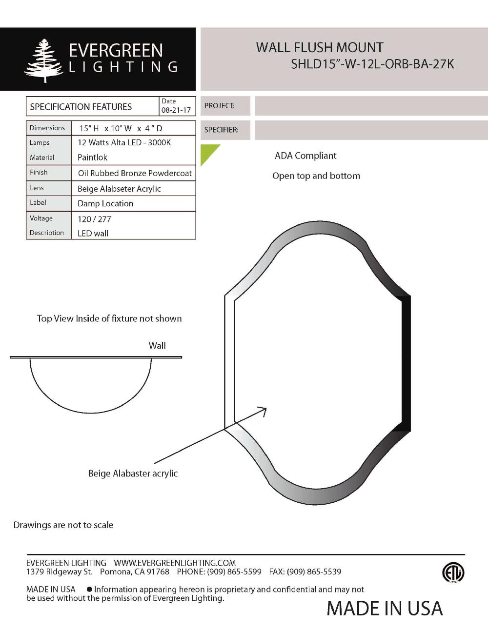 evergreen lights SHLD15-W-12L-ORB-BA Indoor Indoor Custom Wall