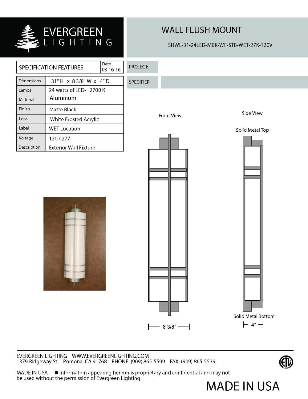 evergreen lights SHWL-31-24LED-MBK-WF-STB-WET Outdoor Custom Wall