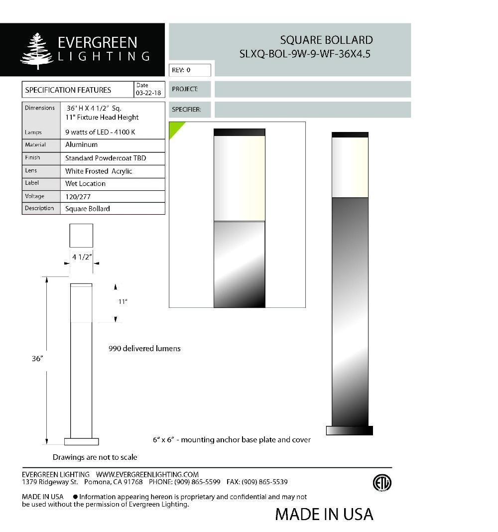 evergreen lights SLXQ-BOL-9W-9-WF-36X4 Outdoor Custom Outdoor Custom Bollard