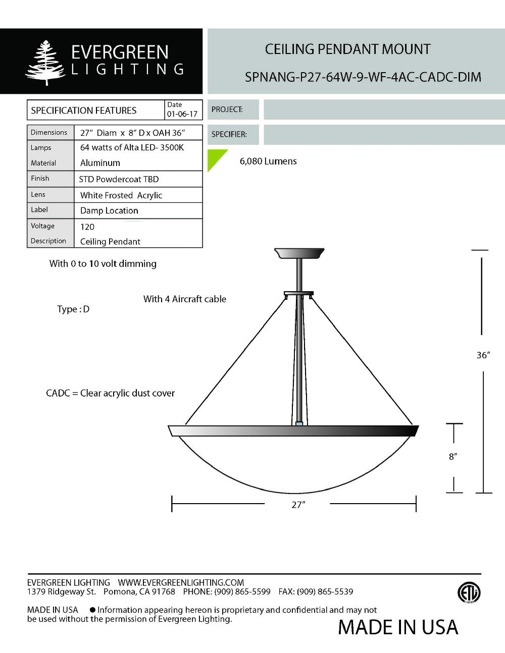 evergreen lights SPNANG-P27-64W Indoor Indoor Custom Ceiling