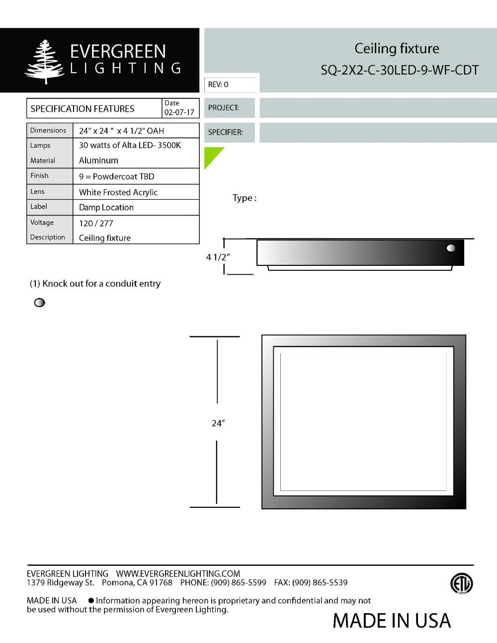 evergreen lights SQ-2X2-C-30LED-9-WF Indoor Indoor Custom Ceiling