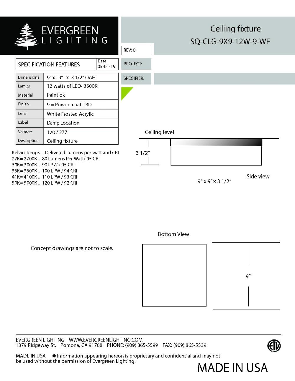 evergreen lights SQ-CLG-9X9-12W Indoor Indoor Custom Ceiling