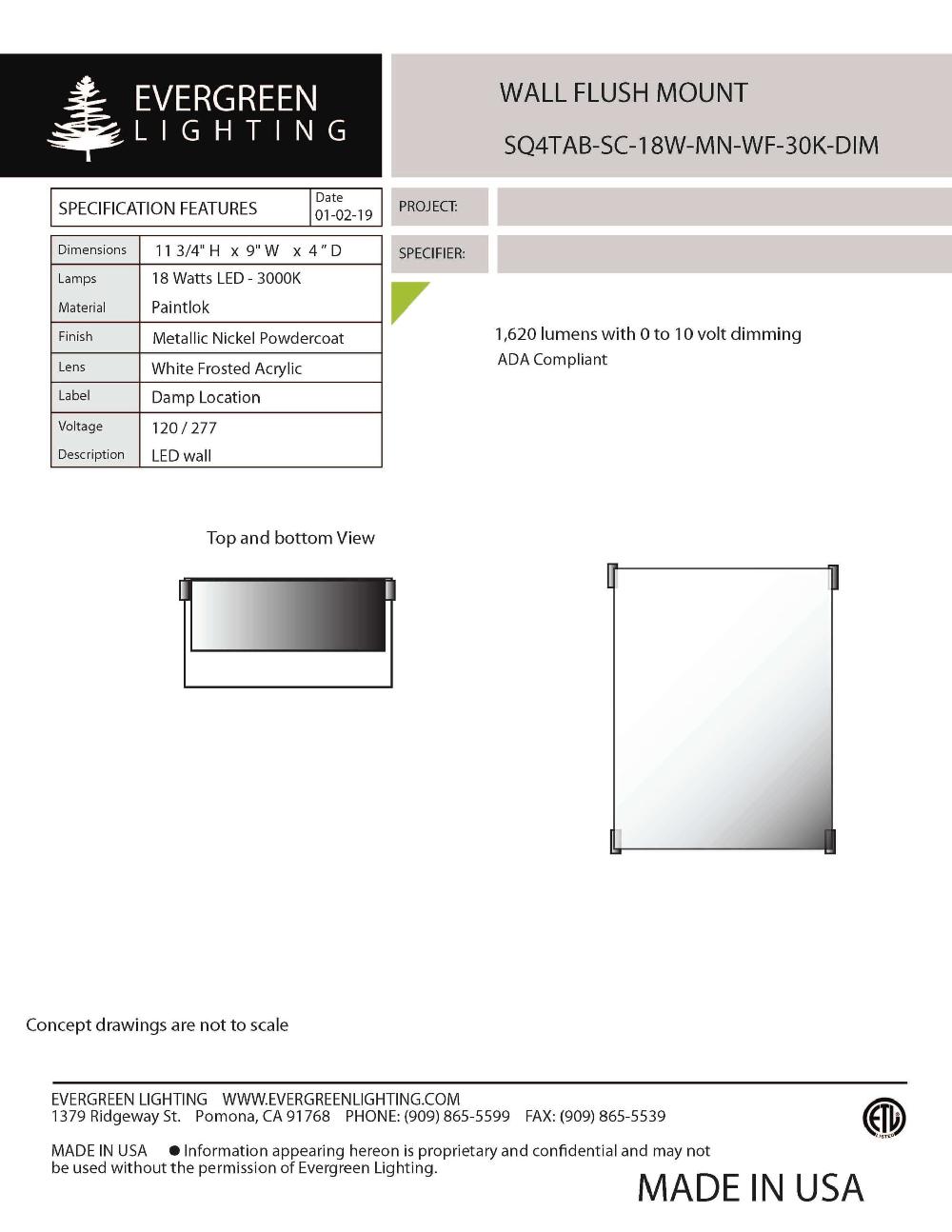 evergreen lights SQ4TAB-SC-18W Indoor Indoor Custom Wall