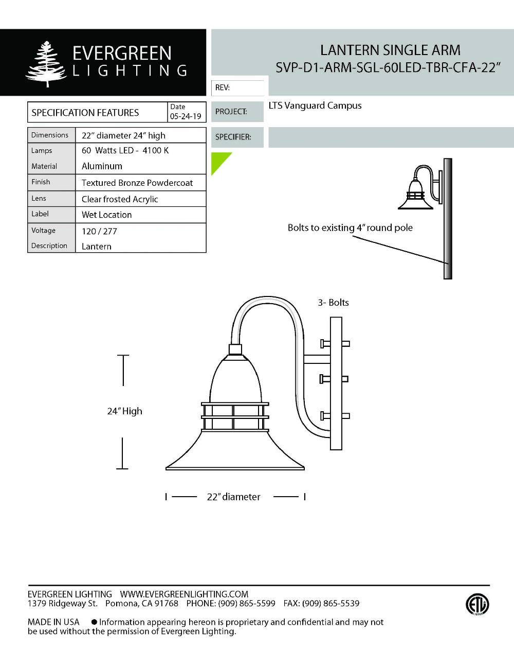 evergreen lights SVP-D1-ARM-SGL-60LED Outdoor Custom Wall