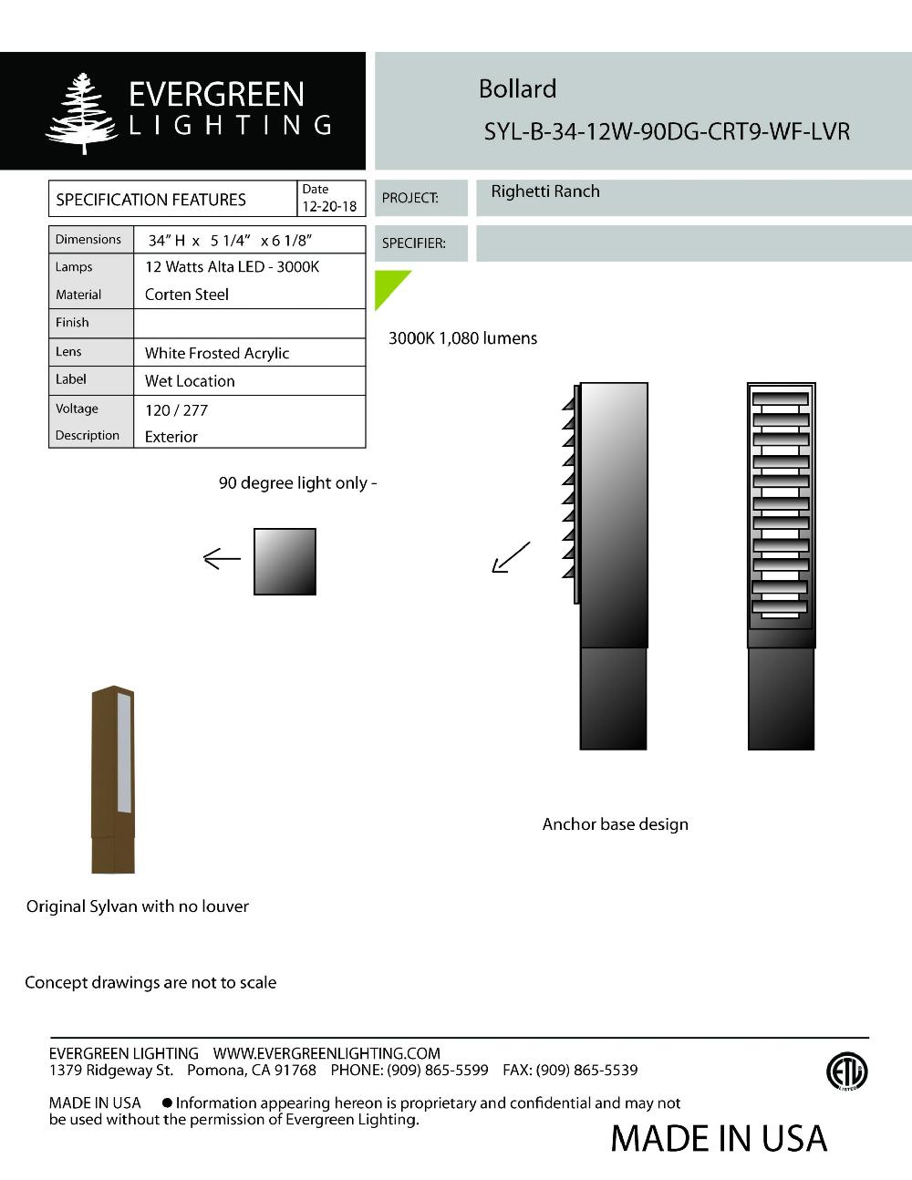 evergreen lights SYL-B-34-12W-90DG Outdoor Custom Outdoor Custom Bollard