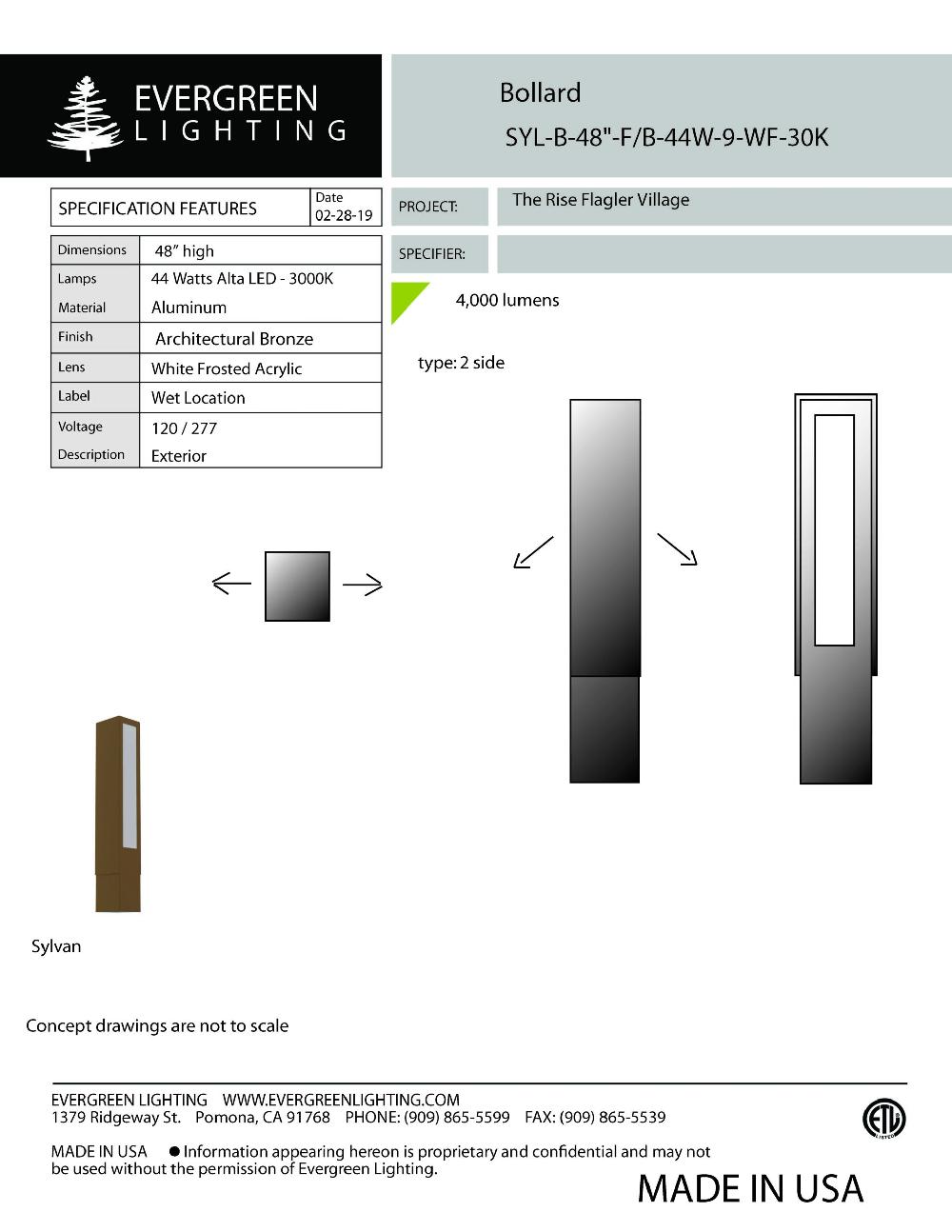 evergreen lights SYL-B-48-F B 44W Outdoor Custom Outdoor Custom Bollard